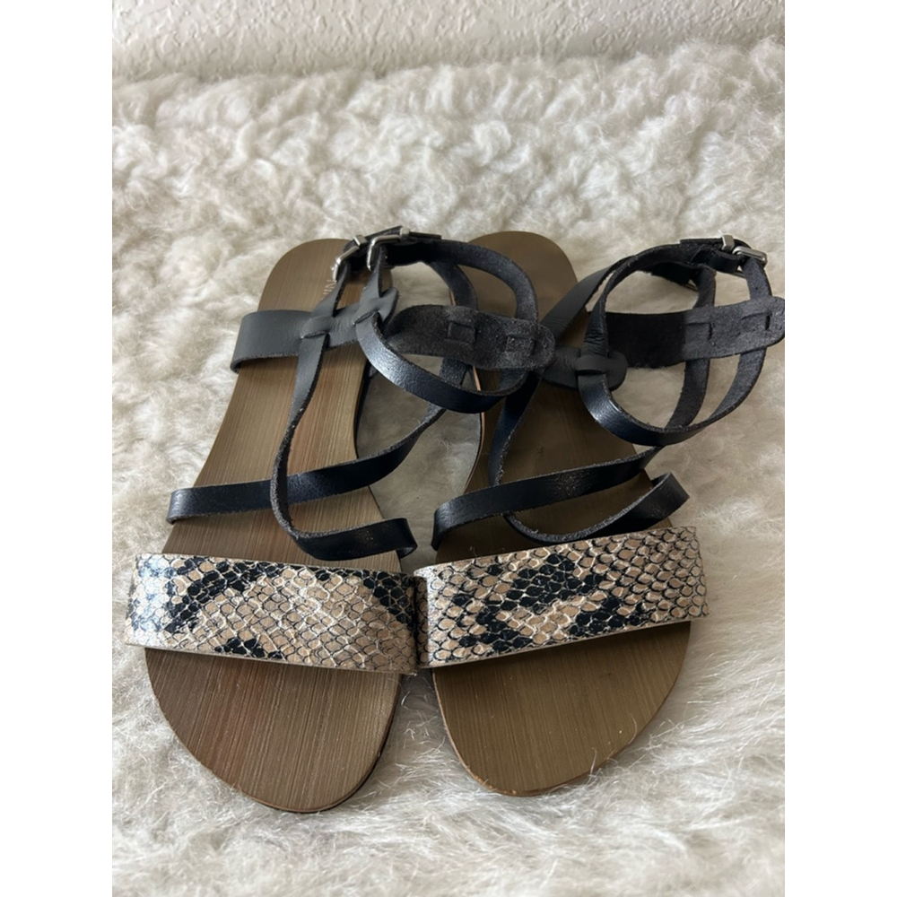NINE WEST Black Snakeskin Strappy Leather Ankle Wrap Buckle Dressy Sandals 8.5M